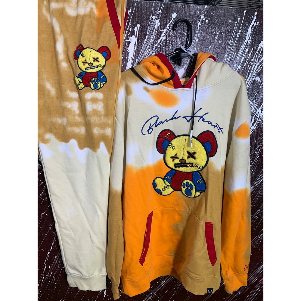 Civilized Black Heart Tie Dye Tracksuit Set Mens 3XL Hoodie Joggers Orange Tan